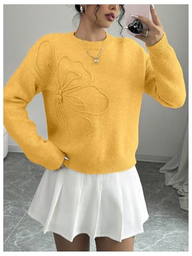 Image of RoseSeek Women's 3D Floral Appliques Crewneck Sweaters Long Sleeve Drop Shoulder Pullovers Elegant Knit Tops