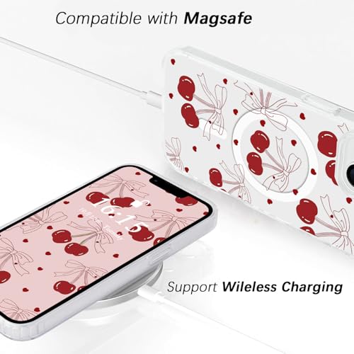 Houdqklee Magnetic Bows for iPhone 14 Pro max Case, Cute Pink Ribbon Bow Cherry Phone Case Compatible with MagSafe, Shockproof Slim Soft TPU Clear Aesthetic Protective Cases for Women Girls - image 2
