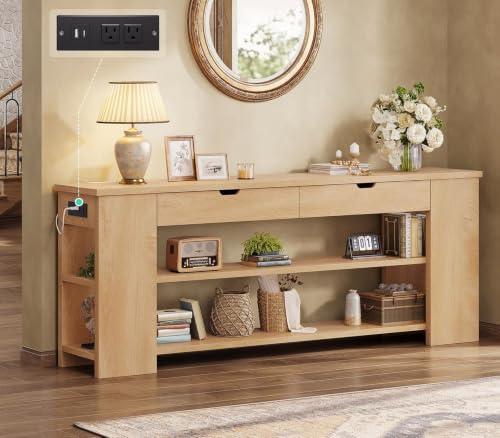 Image of 71.8 Inch Extra Long Console Table with Drawers, Farmhouse Long Console Table with Shelves & Built-in Outlets, Entryway Table with Storage for Living Room, Entryway, Hallway, Natural
