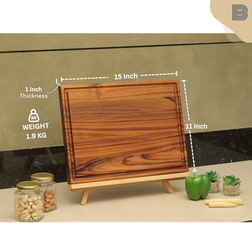 Image of Large Teakwood Chopping Board for Kitchen | Non-Slip Ribber Feet | Vegetables, Meat, Cheese, Prep and Serve | Food Grade Finish with Mineral Oil and Beeswax | 1 Year Warranty