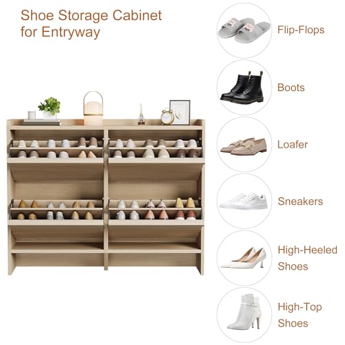 GarveeHome Shoe Cabinet with 4 Flip Drawers, Wooden Shoe Organizer Cabinet with Adjustable Shelf, Shoe Storage for Entryway, Hidden Shoe Cabinet for Hallway, Living Room, Natural Oak