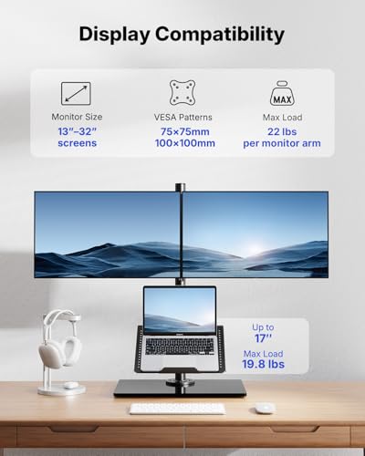 Image of HUANUO Dual Monitor Stand with Laptop Desk Mount, Freestanding Glass Base