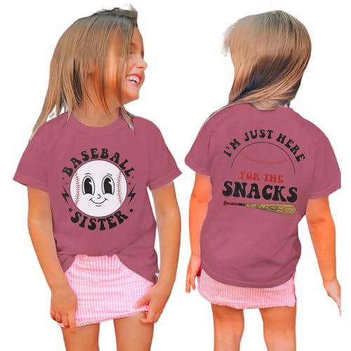 AG AGUU Toddler Girl Baseball Shirts Baseball Sister T-Shirt Im Just Here for The Snacks Tees Game Day Outfit Ballgame Tops(Dark Pink 2-3T)