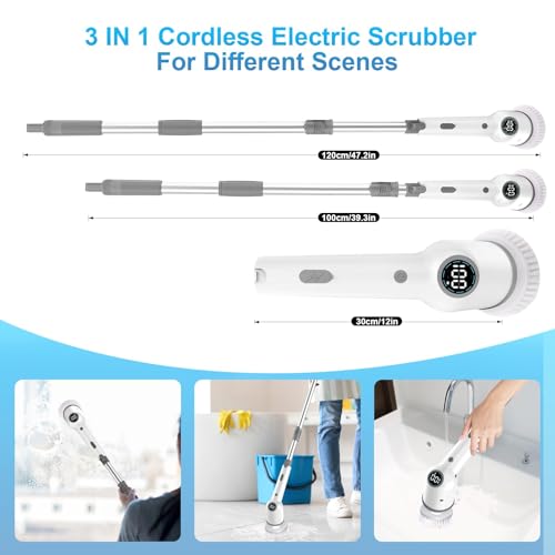 Image of Electric Cleaning Brush, Cordless Electric Spin Scrubber with Long Handle, 3 Brushes, 5 Cleaning Pads, Portable Charging Base