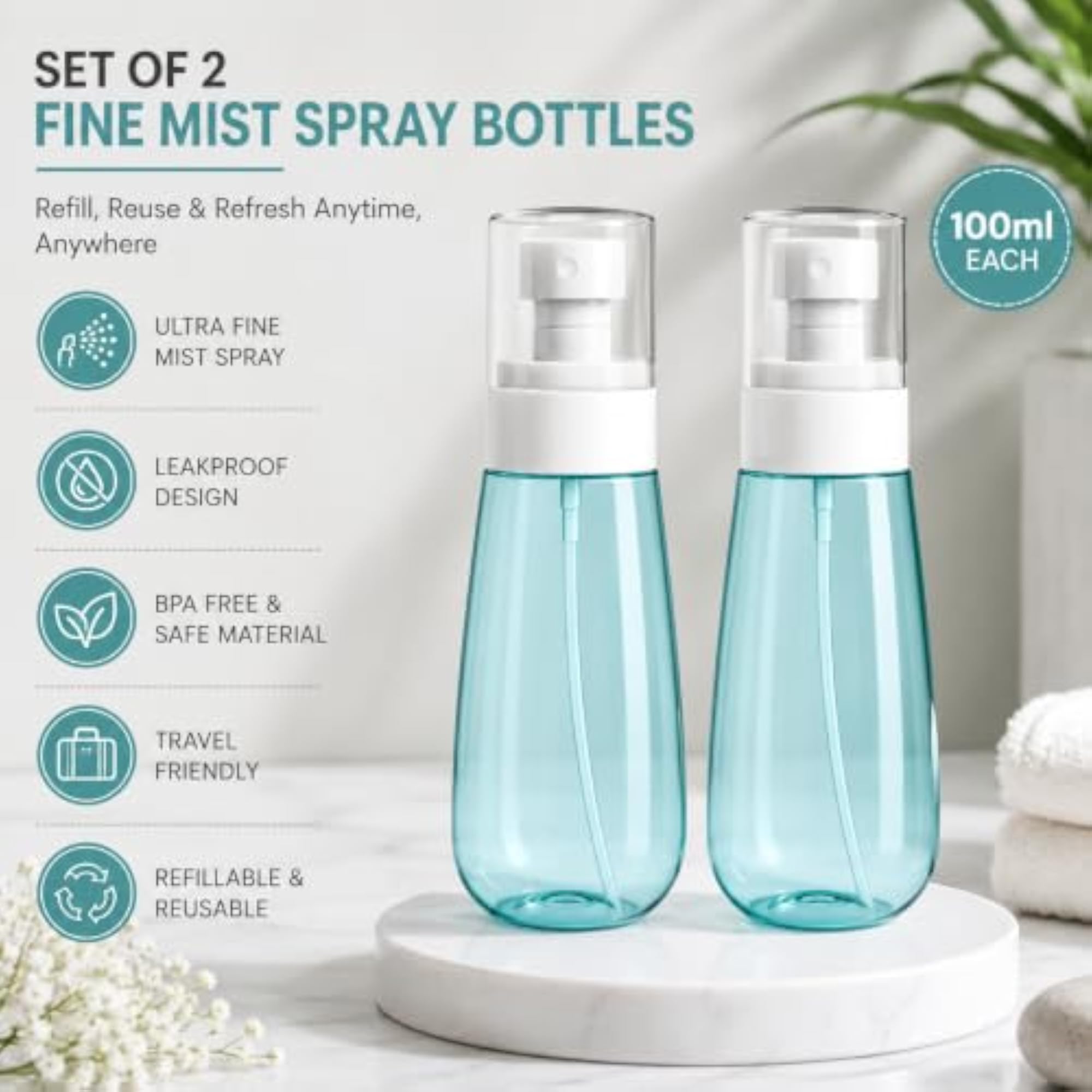 100ml Refillable Empty Plastic Spray Bottle, Pack of 2