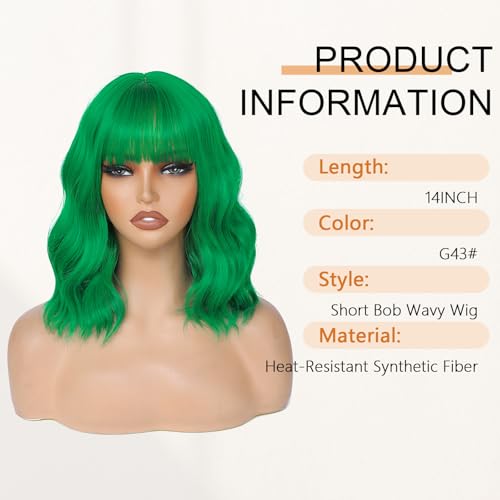 Image of AGO Green Bangs Wig Pastel Bob Wig Shoulder Length Loose Wave Synthetic Hair for Women Girl Synthetic Heat Resistant Fiber for Daily Party Halloween Cosplay Use(G43#Green)