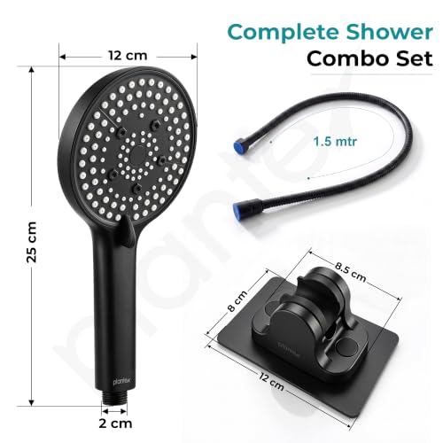 Image of Plantex Bathroom Hand Shower Full Set /5 Mode Handheld Shower with 1.5m Hose Pipe & Self-Adhesive Shower Holder /ABS Hand Shower for Bath- (Black, Combo)