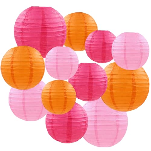 12 Lanternes en Papier Orange,Rose et Poudre Chaude - Décoration Parfaite pour Mariages, Anniversaires, Fêtes Prénatales et Jardins - Rondes et Élégantes 