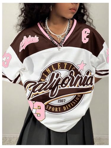 Image of BEAUDRM Girl's Jersey Shirts Leopard Number Print Jersey Shirt Cheetah V Neck Half Sleeve Oversized Tee Tops