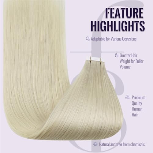 Fshine Blonde Tape in Extensions Real Human Hair,20 Inch 20 pcs 50 g,Straight Invisible Hair Extensions Color 1000 White Blonde,For Women Ladies Girls - Image 3