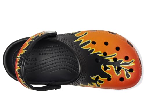 Image of Crocs Unisex Classic Clogs with Patterns and Graphics (Little Kid /Big Kid) Black /Multi Flames 6 Medium