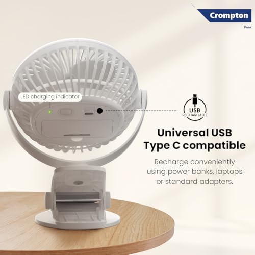 Image of Crompton Siro Rechargeable Clip Fan 100MM | Safety Grill Design | Replaceable Battery | Type-C Charging | 360 Adjustable Rotation | Personal Cooling Fan for Desk, Bedroom & Travel (White)