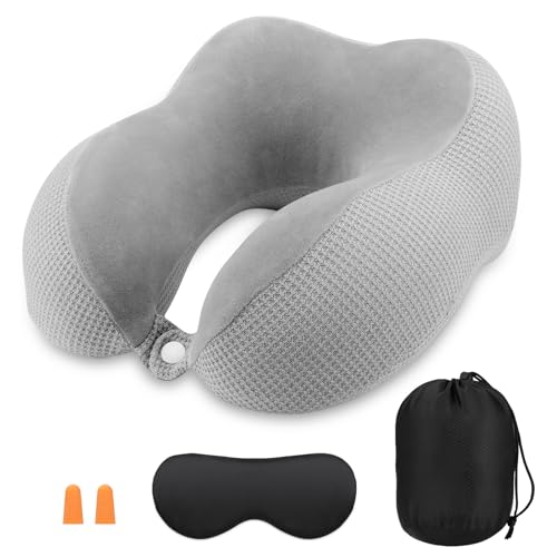 Almohada de Viaje, Cojin Cuello Viaje con Cremallera, Almohada Cuello Viaje, Almohada Avion, Collarin Cervical Viaje, Cojin Avion Cuello Viscoelastico, Cojín Cervical con Máscara de Ojos y Tapones
