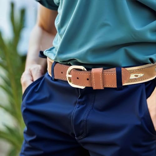 ZEP-PRO Backcountry Slam Men's Woven Ribbon Belt – Repeating Game Fish Ribbon With Tan Full Grain Leather Tabs – 1.25" Wide Outdoor Lifestyle Accessory, Size 464