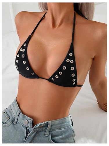 OYOANGLE Women's Grommet Eyelet Tiny Triangle Bikini Top Tie Backless String Micro Bathing Suit Tops3