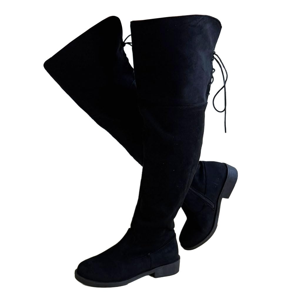 YING LAN Over the Knee High Boots for Women Round Toe Low Chunky Wide Calf Riding Thigh High