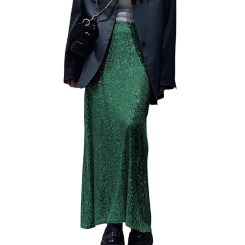 Elegant Sparkling Sequins Stretchy Long Skirt for Women Elastic High Waist A Line Skirt for Formal Parties and Night Out Dark Green