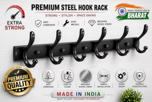 Image of Exclusive Extra Long 40 cm Antique Brass 6 Pin Metal Bathroom Cloth Hooks Hanger Door Wall Robe Hooks Rail for Hanging Keys, Clothes, Towel (2, Black)