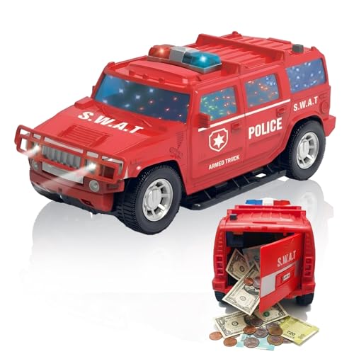 Image of Cable World Dual Function Police Car Piggy Bank for Kids, Electronic ATM Bank Toy, Battery Oprated 3D Light & Music Police Car, Money Savings Box Mini ATM Coin Bank for Boys & Girls Ages 3+