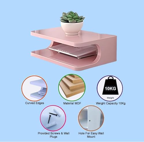 Image of Floating Wall Mounted TV Shelf for Set Top Box, WiFi Router, Gaming Console & Decorative Items | Modern Wall Storage Rack for Living Room, Bedroom & Office (Pink)