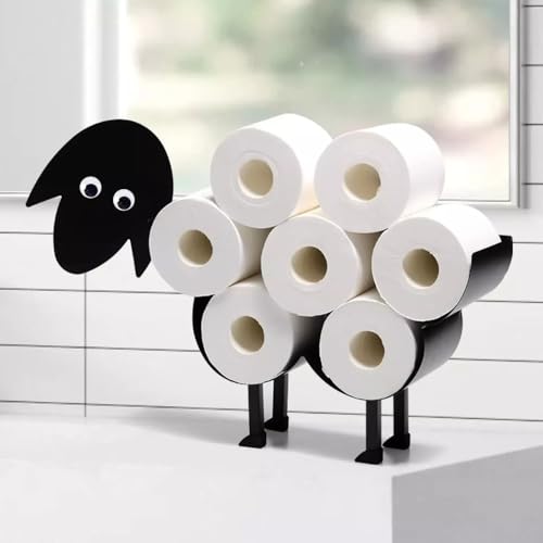 HomeZone Novelty Sheep Toilet Roll Holder - Wooden Free Standing Black Painted Metal Animal Shape Tissue Holder - Decorative Kitchen or Bathroom Accessories Indoor Home Decor Storage Loo Roll Holder