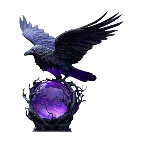 Kutiayta Mystical Raven Statue with Glowing Purple Orb – Gothic Fantasy Sculpture for Home or Halloween Decor – Winged Bird on Tree Base