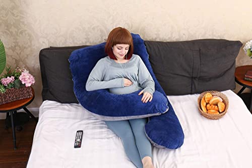 Image of U-Shaped Sleeping Pregnancy Pillow| Removable Washable Velvet Covers with Zipper| PregnoCare Fibres| Maternity, Nursing| Full Body Soft-Support Bump, Head, Back, Shoulder, Hips, Legs and Belly (Blue)