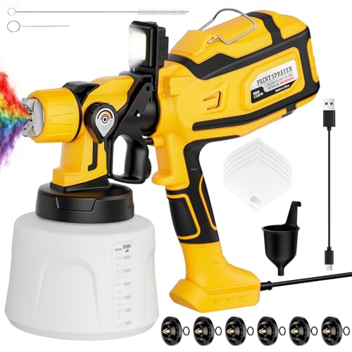 Paint Sprayer for House Painting, Paint Sprayer with Easy to Clean Design, 1400ml (47oz) Container, 6 Brass Nozzles & LED Light, 3 Spray Patterns for House, Fence, Furniture, DIY, Garden, Walls