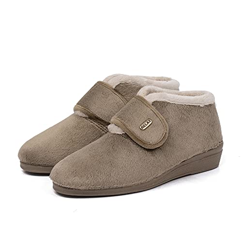 CoboFamily Botines Casa Mujer Invierno, Zapatillas Casa Cómodas, Botas Paño Cuña, Suela Caucho Made IN Spain (39,295Ceniza)