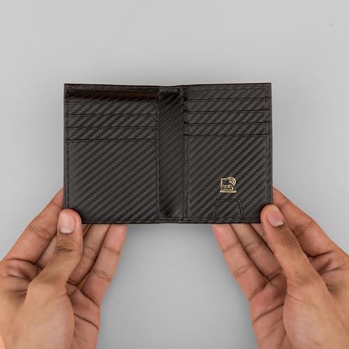 Image of Premium RFID Blocking Wallet for Men Genuine Leather Slim Carbon Texture Bifold with 12 Card Slots Clear ID Window Cash Compartment Secure Everyday Carry Accessory