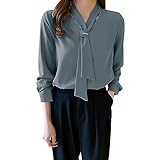  LAEMILIA Chemisier Femme Chic et Elégant Blouse Femme Mousseline en Soie Chemise Bureau Liquette Tunique Manche Longue Col Cravate Top Printemps Shirt Automne Grande Taille Couleur Unie 34-42