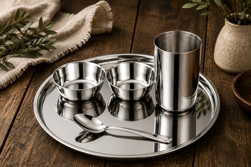 Image of Stainless Steel Dinner Set for 1 Person | 5 Piece Thali Set with Plate, Bowls, Glass & Spoon | Mirror Finish Serving Dinnerware Combo for Home & Restaurant