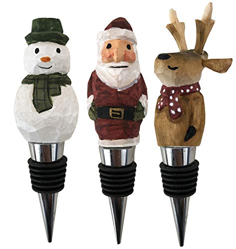 Set of Christmas Wine-Bottle Stoppers | Decorative Wooden Beverage Stoppers | Novelty Santa Snowman and Reindeer | Airtight Rubber Seal | Reusable (Deer-Snowman-Santa)