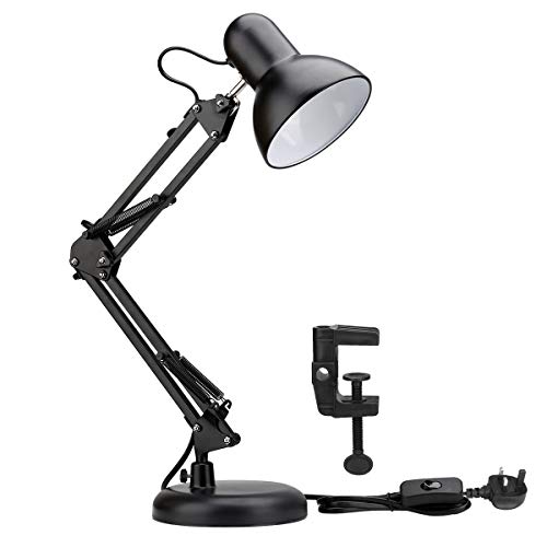 Lepro Desk Lamp, E27 Swing Arm Desk Lamp with Clamp, Classic Black Table Lamp, E27 Bulb Holder, Flexible Black Desk Light for Study Desk, Office, Bedr