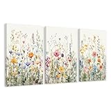 WRFON Framed Colorful Wildflower Wall Art, Minimalist Watercolor Flowers Wall Decor, Colorful Botanical Poster Prints, Vintage Floral Canvas Paintings for Bedroom Bathroom Living Room 12"x16"x3