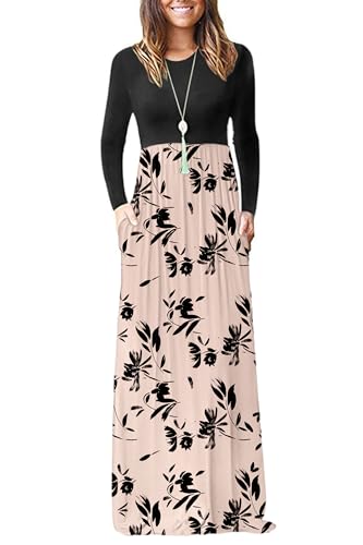 AUSELILY Damen Langarm Maxikleider Lässige Langkleider mit Taschen Winter Hellbraune Blume J Schwarz XL