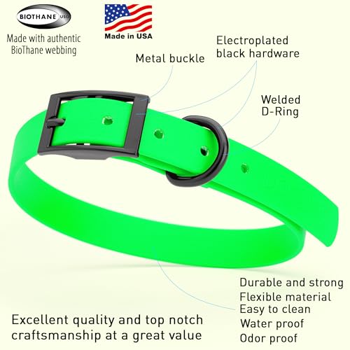 Image of Dogline Biothane Waterproof Dog Collar Strong Coated Nylon Webbing with Black Hardware Odor- Proof for Easy Care Easy to Clean High Performance Fits Small Medium or Large Dogs, Tropical Green
