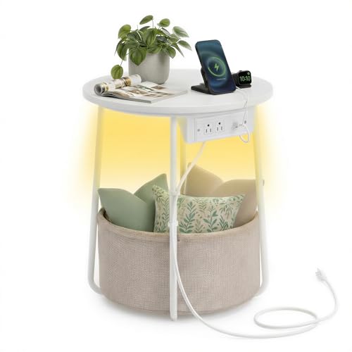 Image of VASAGLE LILEA Collection - Side Table with Charging Station, Round End Table with Fabric Basket, LED Nightstand with USB Ports, Modern, for Living Room, Matte White and Camel Brown ULET227W01