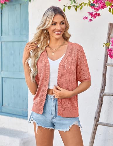 Image of Yekaty Womens 2026 Short Sleeve Crochet Summer Cardigan Cropped Button Sweater Lightweight Shrug for Dress