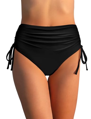 Women's High Waisted Bikini Bottoms Tie Side Tummy Control Swimsuit Full Coverage Swimwear Ruched Shorts Briefs