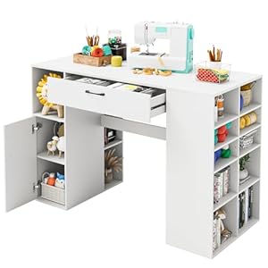 Giantex Craft Table with Storage, 53” Artwork Sewing Table with 14 Cube Storage Shelves, Large Drawer, Cabinet with 2 Shelves, 36” Counter Height Sewing Workstation White Drafting Writing Desk