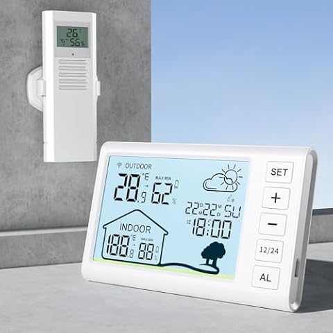 Zgrmbo Wireless Weather Station with Indoor Outdoor Thermometer, Digital Weather Alarm Clock with Calendar, Barometric, Forecast Station with Adjustable Backlight(White) Cover