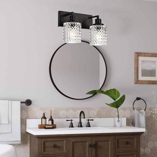 Image of MELUCEE 2 Lights Indoor Wall Sconces Black Finish, Contemporary Bathroom Vanity Lighting Fixtures with Hammered Glass Shade, Modern Wall Mounted Lamp Above Mirror Sink Cabinet