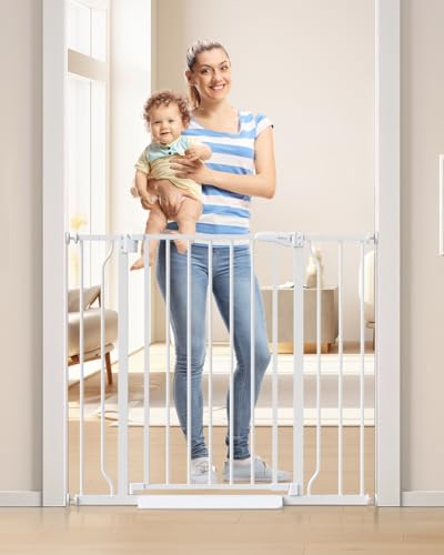 Cideny 34" Extra Tall Baby Gate for Stairs, Auto Close Stroller Friendly Dog Gate Indoor for Doorways, Pressure Mounted 29"-40" Wide Baby Gate, Easy Walk Through Gate for Children & Pets, White