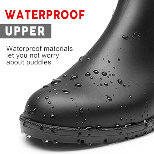 Acfoda Gummistiefel Damen Kurzschaft Regenstiefel Wasserdicht Lack Regenschuhe Frauen Gummistiefeletten Ankle Chelsea Boots mit Blockabsatz Schwarz Gr.39