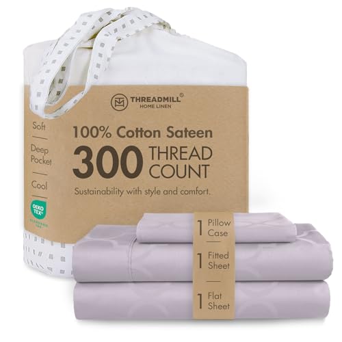 Image of Threadmill Cotton Twin XL Sheet Set | 100% Cotton Sheets for Twin XL Size Bed | Damask Jacquard Sateen Twin XL Bed Sheets Set with 16 inch Deep Pocket | Soft Breathable 3-Piece Cooling Sheet Set | Lilac
