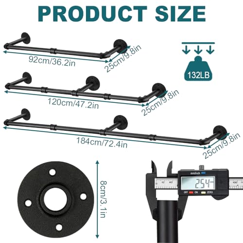 Lighterday 120cm Wall Mounted Clothes Rail Industrial Clothes Rail Metal Heavy Duty Clothes Rail Detachable Hanging Rails for Clothes Tidy Rail for Bedroom Cloakroom (120CM) - Image 3