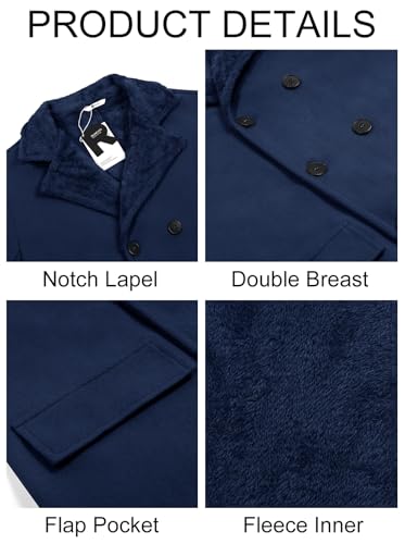 Image of Runcati Mens Trench Coat Double Breasted Notched Collar Fleece Jacket Slim Fit Fall Winter Fuzzy Pea Coats Warm Overcoat