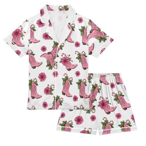 Satin Pajama Sets Short Sleeve Cowboy Boots Floral Background Button Down Silky Nightwear 2 Piece PJS 5-14Y
