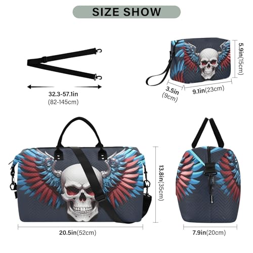Large Travel Duffel Bag, Skull Metal Wings Sports Tote Gym Bag, Shoulder Weekender Overnight Bag for Women Men, Carry On Luggage with Toiletry Bags3